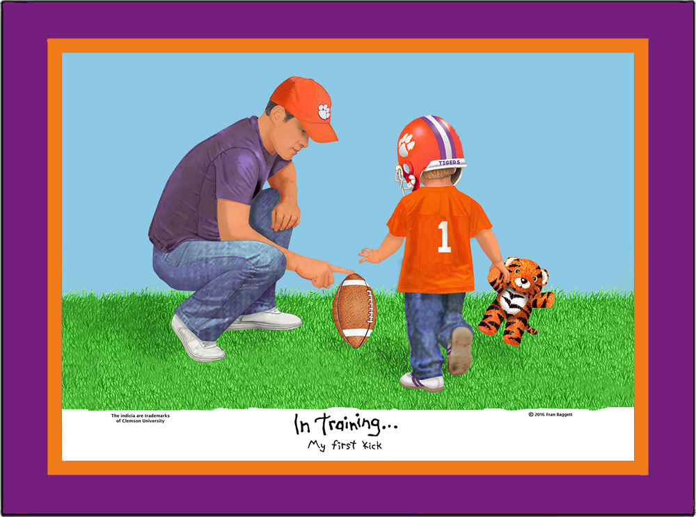 Clemson Tigers My First Kick Matted Art Print of toddler boy with his dad