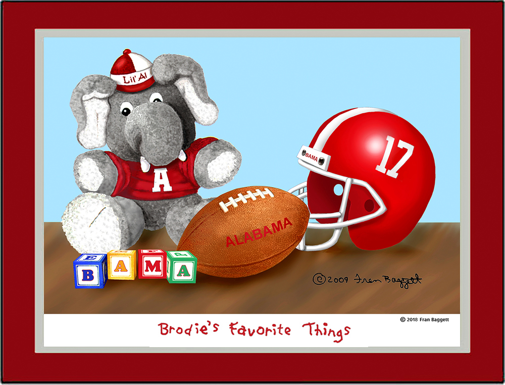 Alabama Crimson Tide baby football player wearing a helmet and training pants, holding a football under one arm and a toy elephant with the other hand.