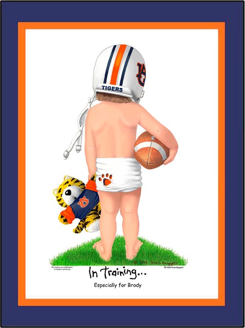 Auburn Tigers baby football player wearing helmet and training pants, holding a football under one arm and a toy tiger with the other hand.