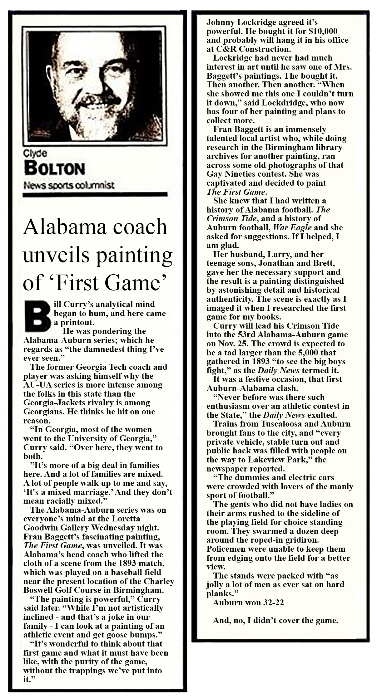News article about First Game print by Clyde Bolton, sports editor for The Birmingham News